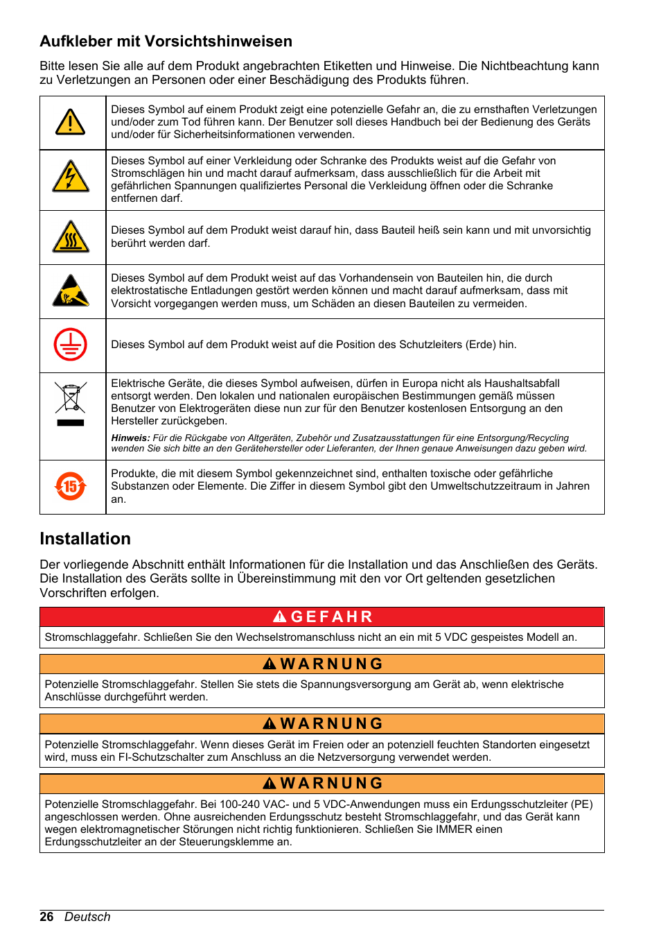 Aufkleber mit vorsichtshinweisen, Installation | Hach-Lange ORBISPHERE 510_51x Basic User Manual User Manual | Page 26 / 204