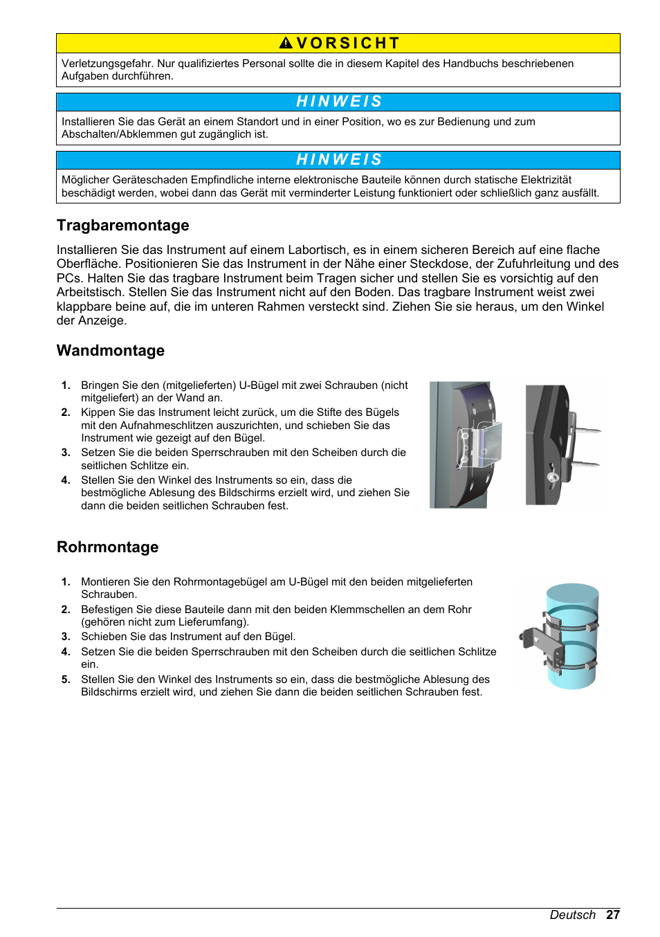 Tragbaremontage, Wandmontage, Rohrmontage | Hach-Lange ORBISPHERE 510_51x Basic User Manual User Manual | Page 27 / 204