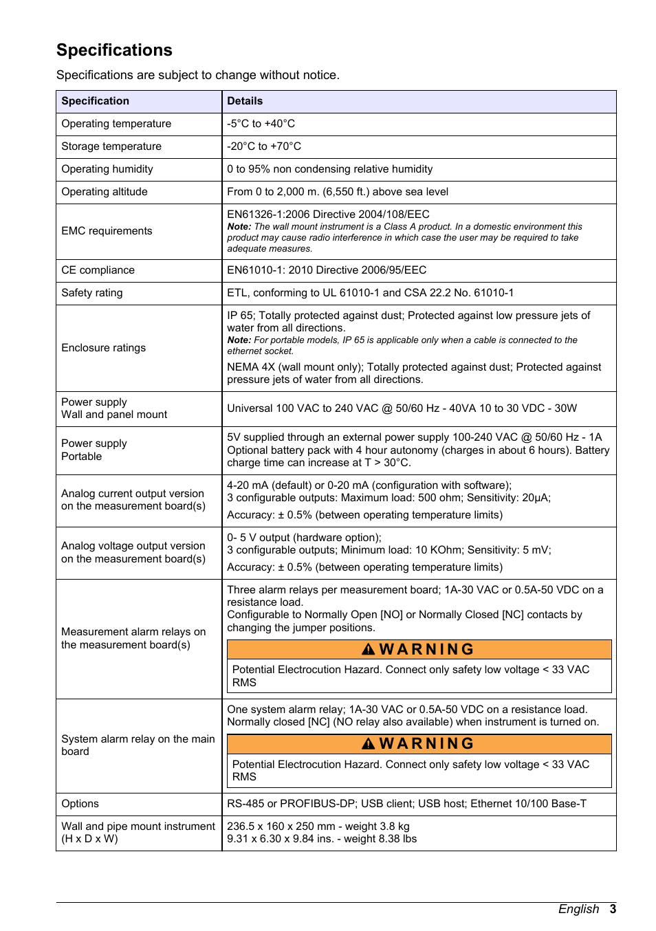 Basic user manual, Specifications, English | Hach-Lange ORBISPHERE 510_51x Basic User Manual User Manual | Page 3 / 204