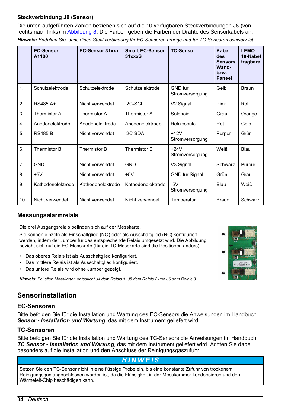 Messungsalarmrelais, Sensorinstallation, Ec-sensoren | Tc-sensoren | Hach-Lange ORBISPHERE 510_51x Basic User Manual User Manual | Page 34 / 204