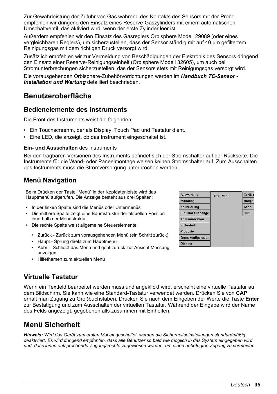 Benutzeroberfläche, Bedienelemente des instruments, Menü navigation | Virtuelle tastatur, Menü sicherheit | Hach-Lange ORBISPHERE 510_51x Basic User Manual User Manual | Page 35 / 204