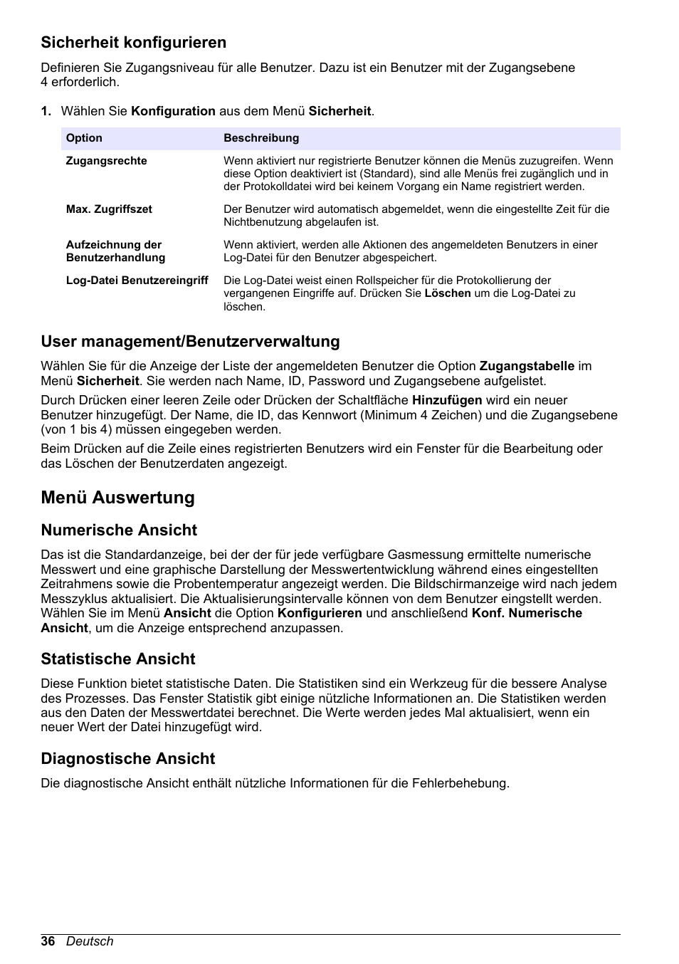 Sicherheit konfigurieren, User management/‍benutzerverwaltung, Menü auswertung | Numerische ansicht, Statistische ansicht, Diagnostische ansicht, User management/benutzerverwaltung | Hach-Lange ORBISPHERE 510_51x Basic User Manual User Manual | Page 36 / 204