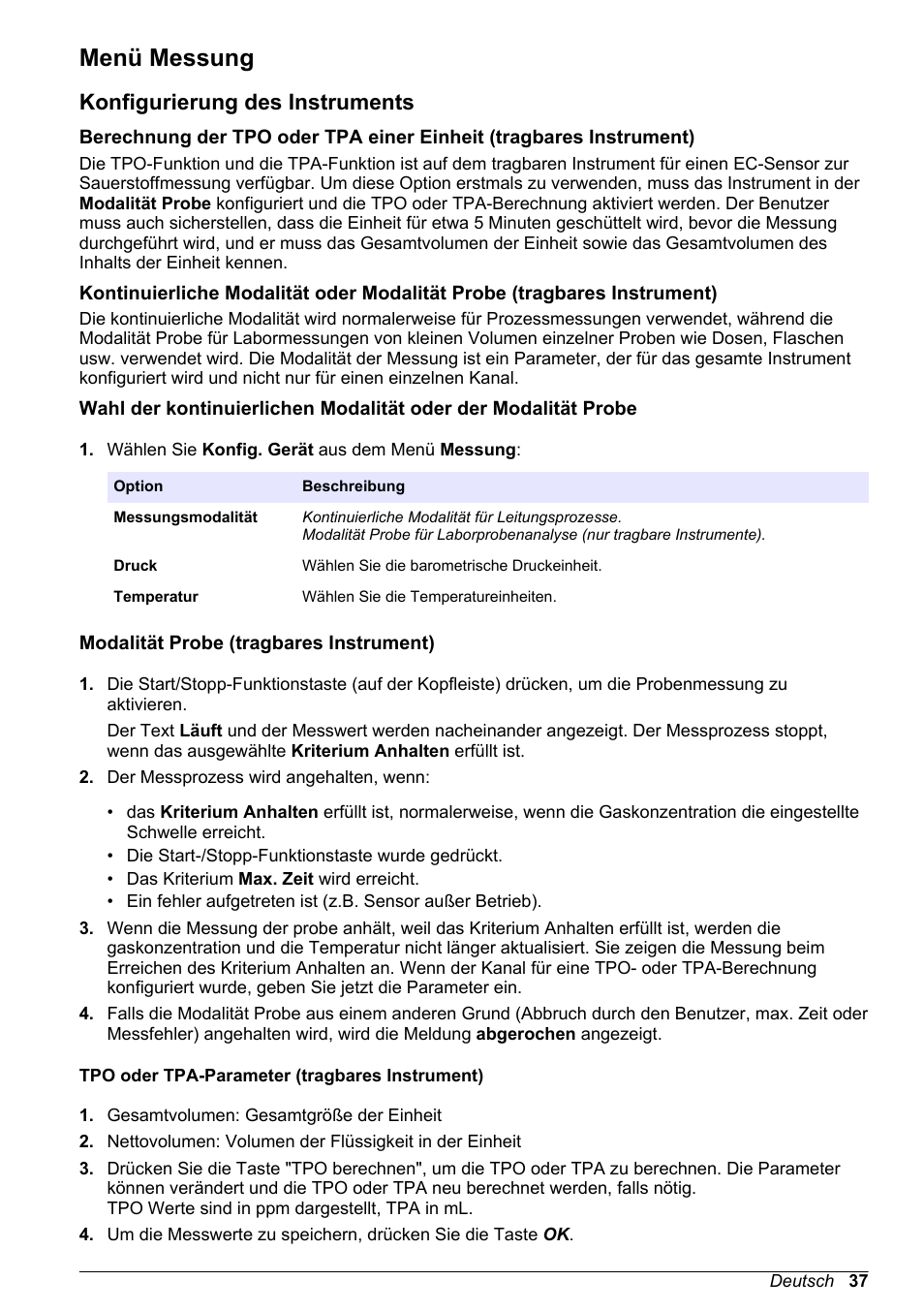 Menü messung, Konfigurierung des instruments, Modalität probe (tragbares instrument) | Tpo oder tpa-parameter (tragbares instrument) | Hach-Lange ORBISPHERE 510_51x Basic User Manual User Manual | Page 37 / 204