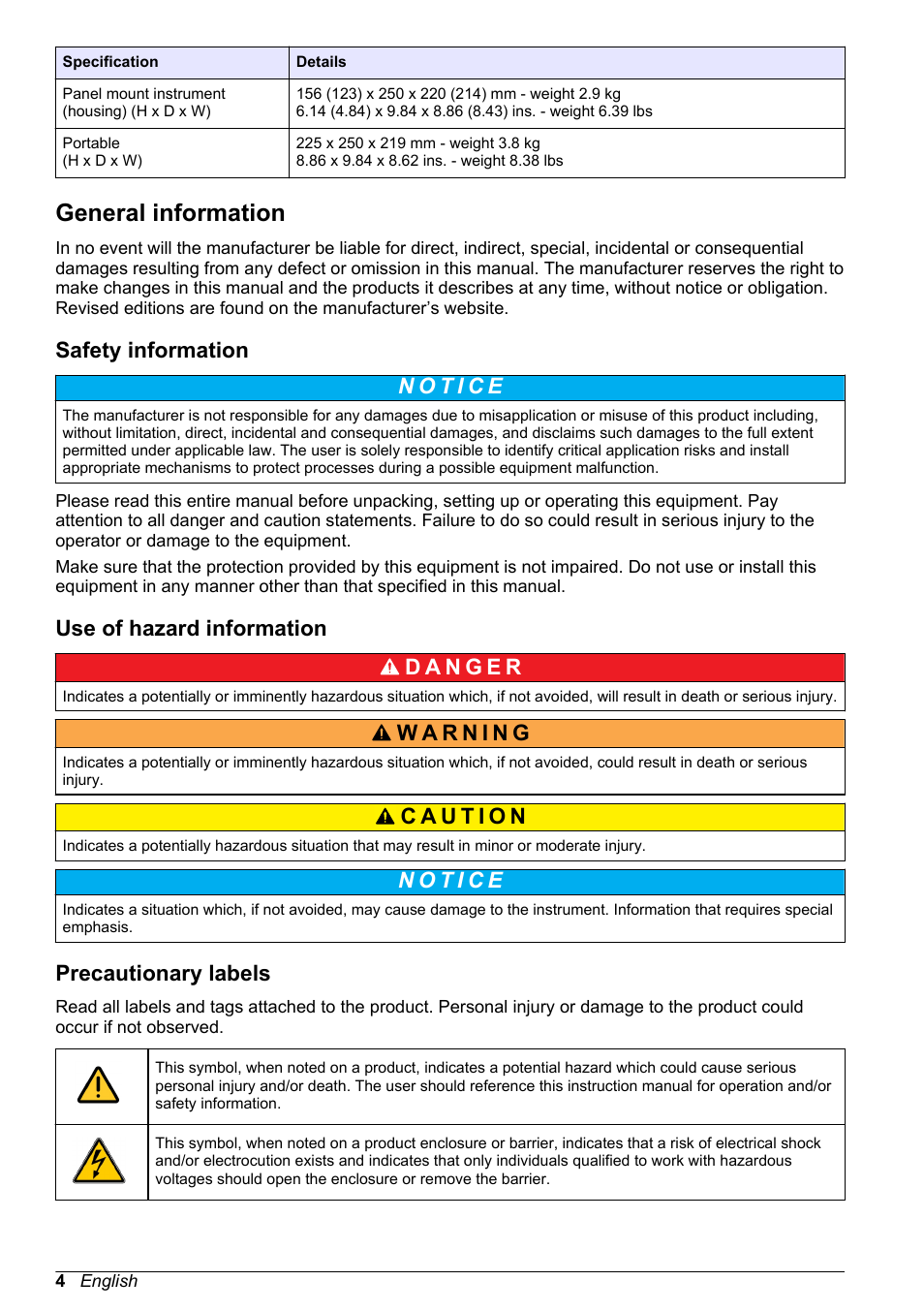 General information, Safety information, Use of hazard information | Precautionary labels | Hach-Lange ORBISPHERE 510_51x Basic User Manual User Manual | Page 4 / 204