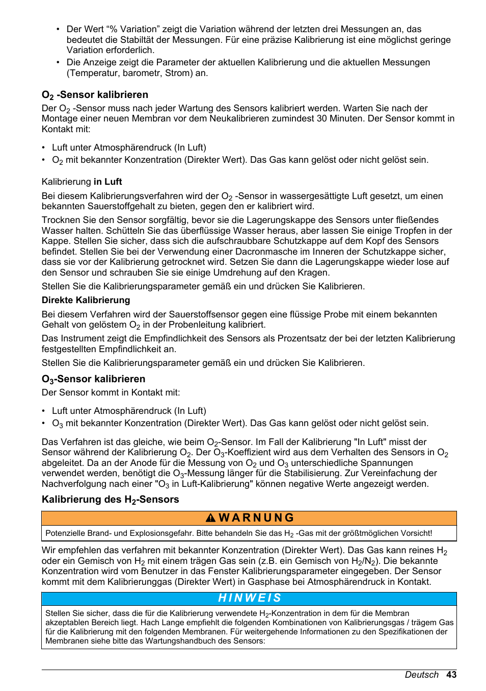 O2 -sensor kalibrieren, O3-sensor kalibrieren, Kalibrierung des h2-sensors | Hach-Lange ORBISPHERE 510_51x Basic User Manual User Manual | Page 43 / 204