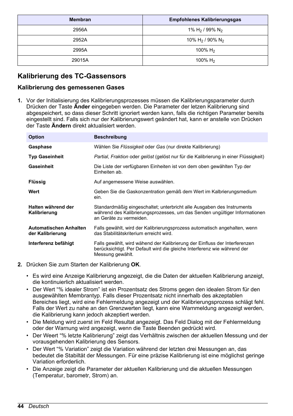 Kalibrierung des tc-gassensors, Kalibrierung des gemessenen gases | Hach-Lange ORBISPHERE 510_51x Basic User Manual User Manual | Page 44 / 204