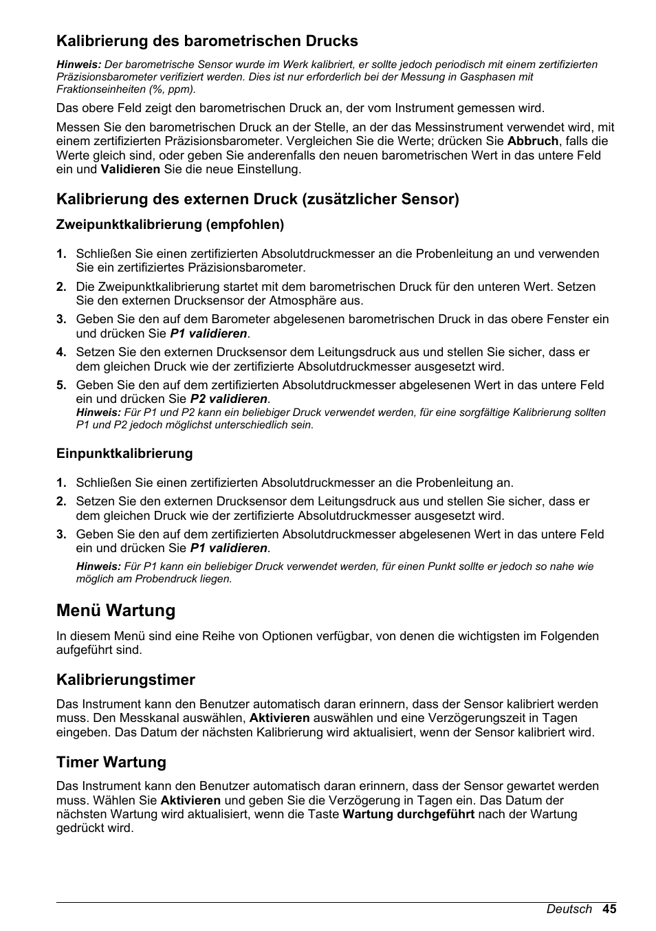 Kalibrierung des barometrischen drucks, Zweipunktkalibrierung (empfohlen), Einpunktkalibrierung | Menü wartung, Kalibrierungstimer, Timer wartung | Hach-Lange ORBISPHERE 510_51x Basic User Manual User Manual | Page 45 / 204