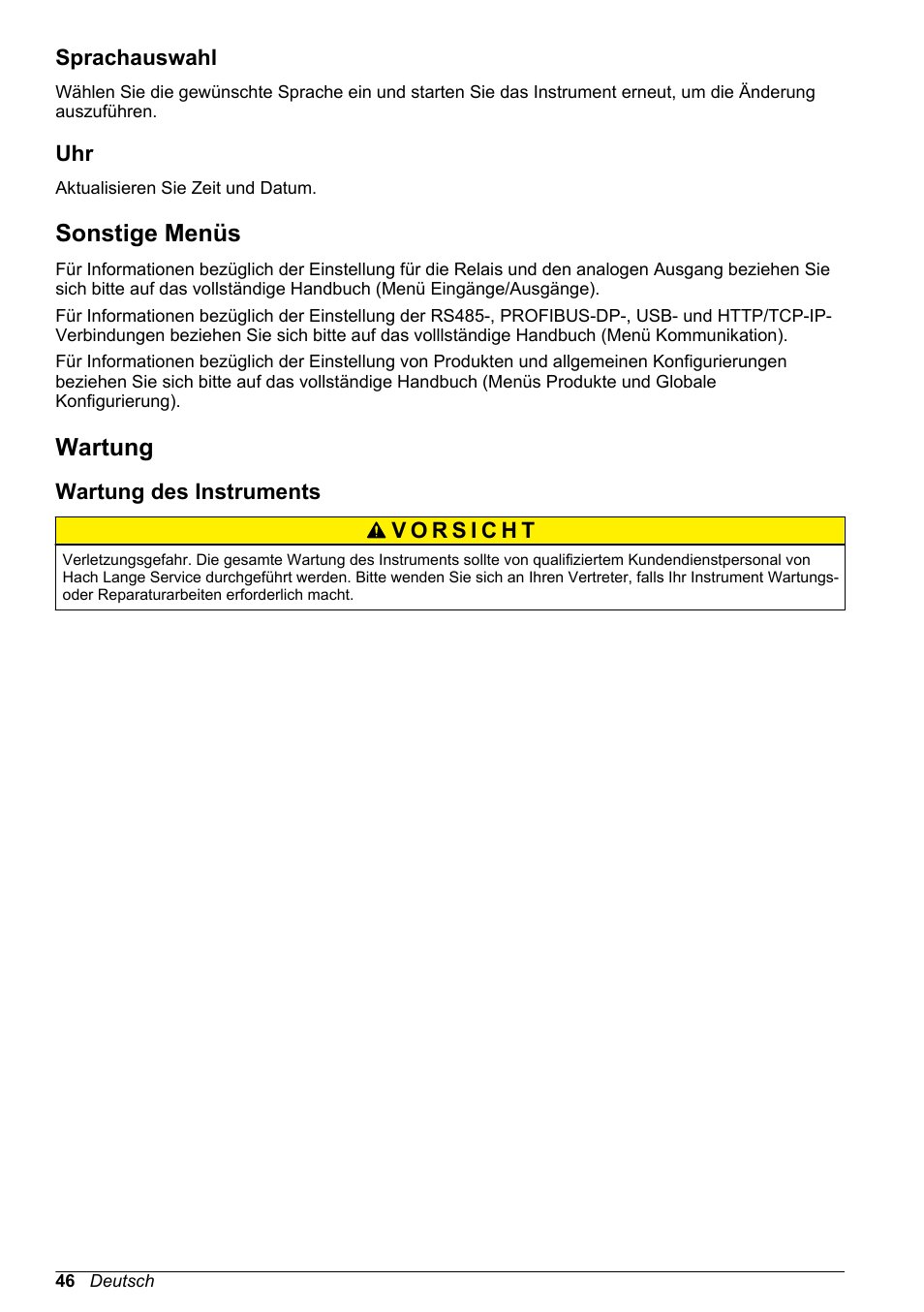 Sprachauswahl, Sonstige menüs, Wartung | Wartung des instruments | Hach-Lange ORBISPHERE 510_51x Basic User Manual User Manual | Page 46 / 204