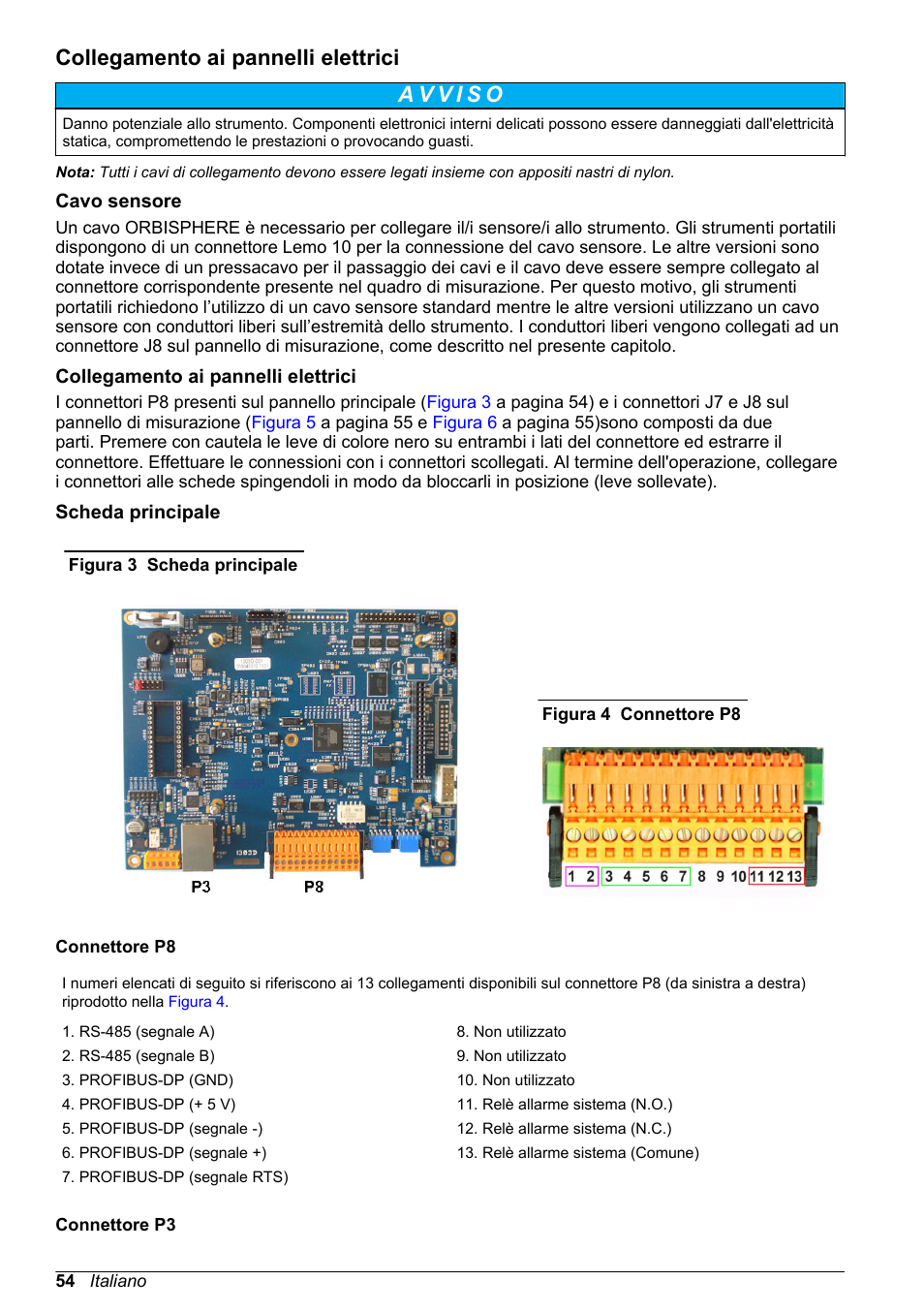 Collegamento ai pannelli elettrici, Cavo sensore, Scheda principale | Hach-Lange ORBISPHERE 510_51x Basic User Manual User Manual | Page 54 / 204