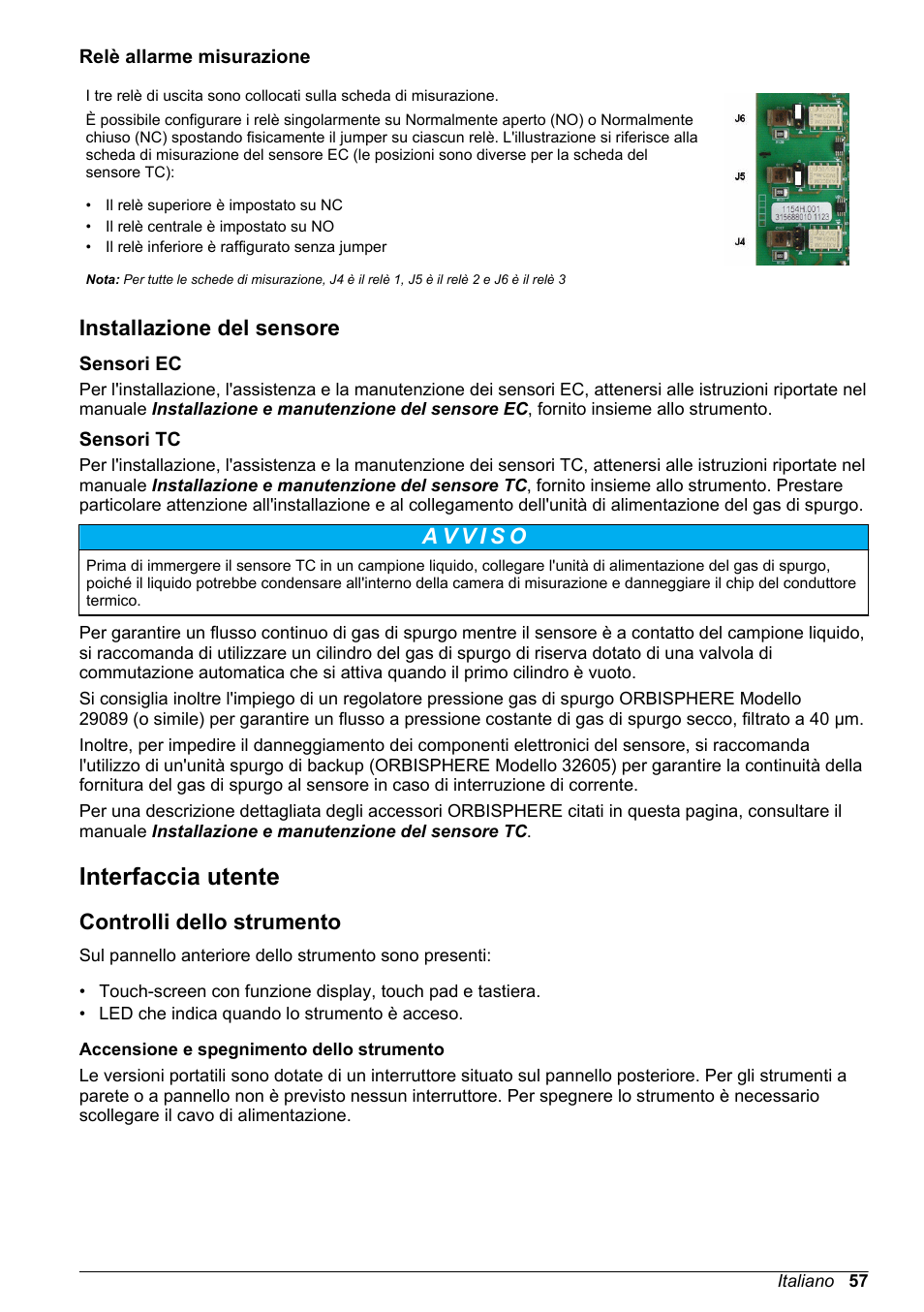 Relè allarme misurazione, Installazione del sensore, Sensori ec | Sensori tc, Interfaccia utente, Controlli dello strumento | Hach-Lange ORBISPHERE 510_51x Basic User Manual User Manual | Page 57 / 204