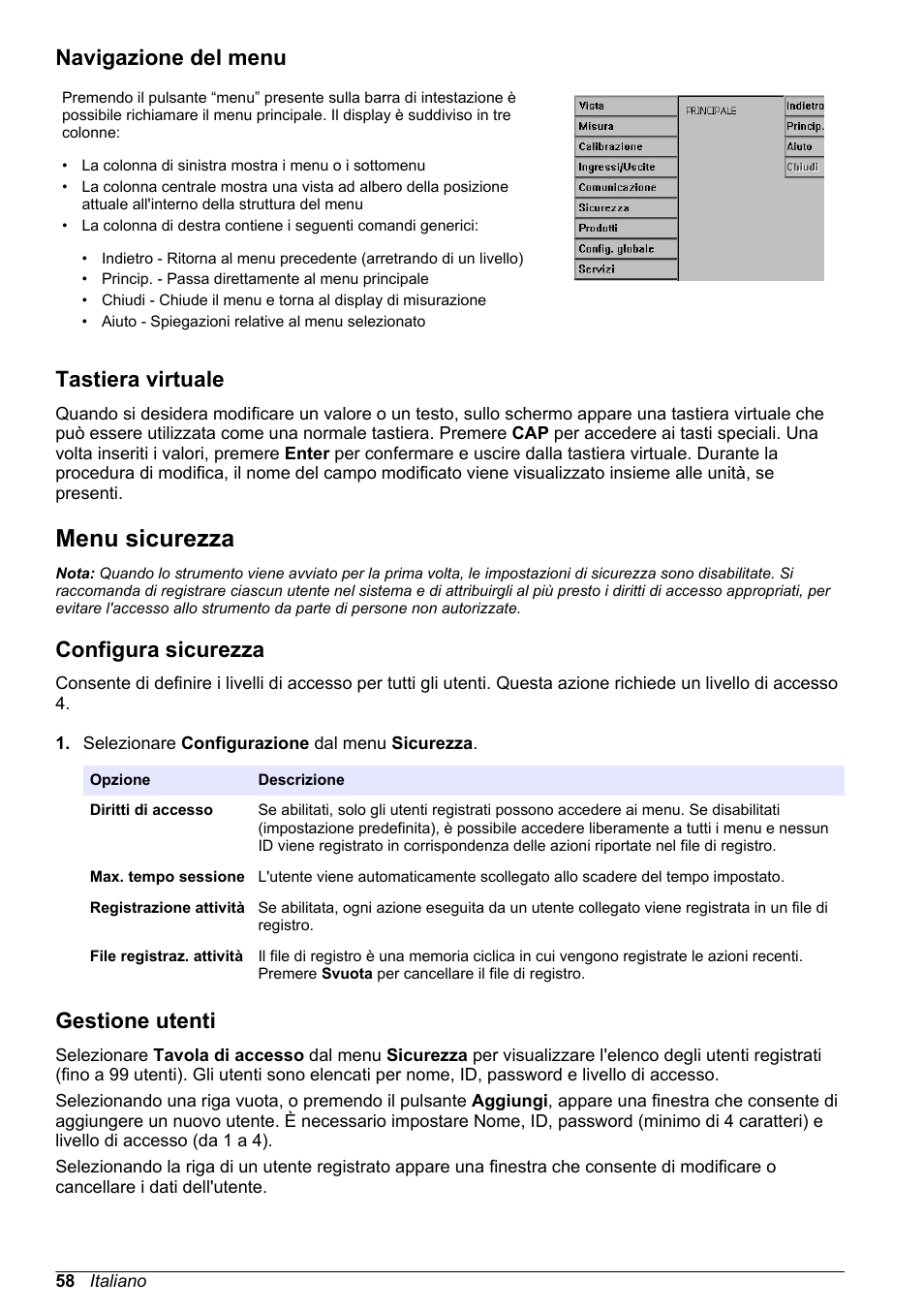 Navigazione del menu, Tastiera virtuale, Menu sicurezza | Configura sicurezza, Gestione utenti | Hach-Lange ORBISPHERE 510_51x Basic User Manual User Manual | Page 58 / 204