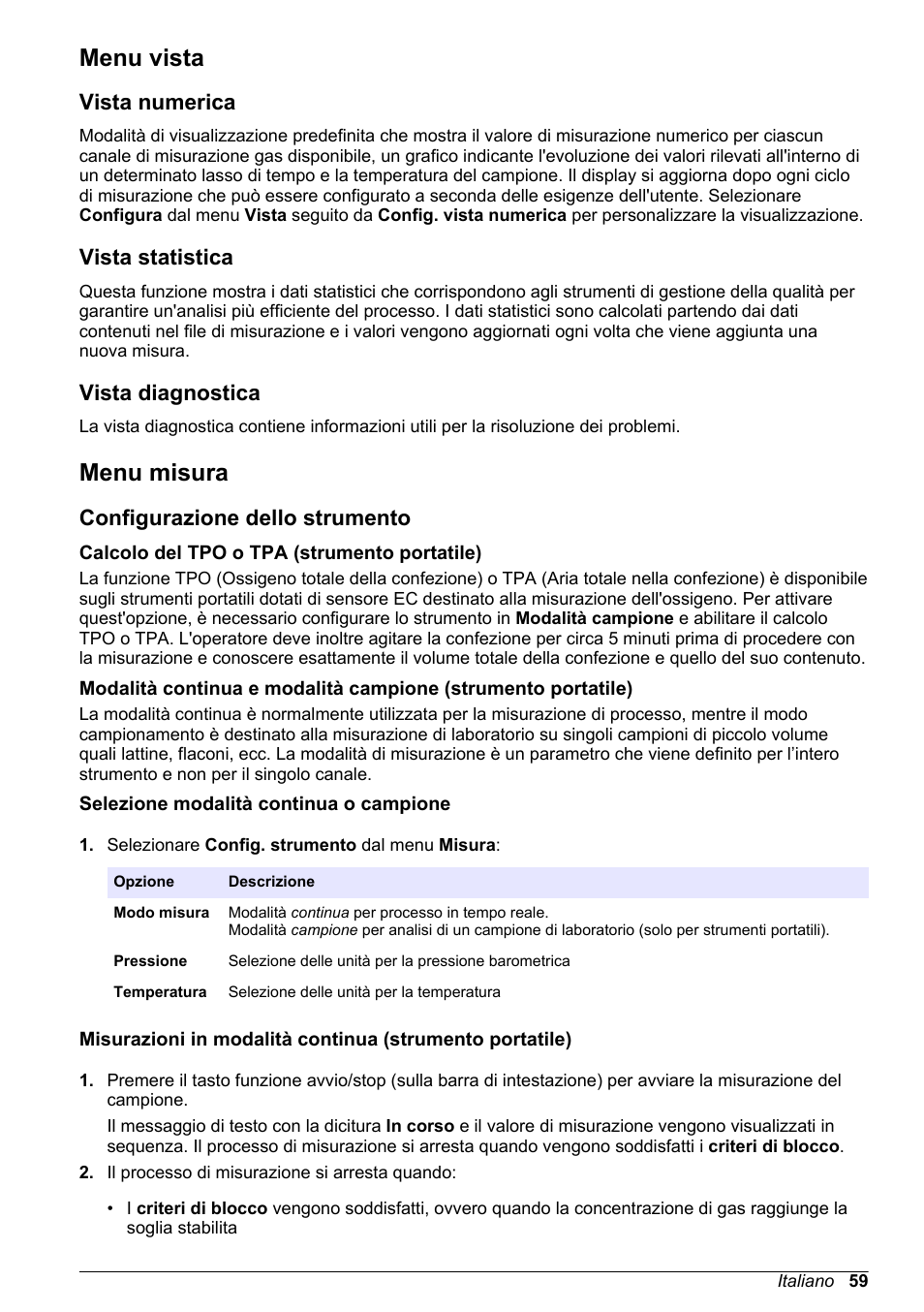 Menu vista, Vista numerica, Vista statistica | Vista diagnostica, Menu misura, Configurazione dello strumento, Calcolo del tpo o tpa (strumento portatile), Selezione modalità continua o campione | Hach-Lange ORBISPHERE 510_51x Basic User Manual User Manual | Page 59 / 204