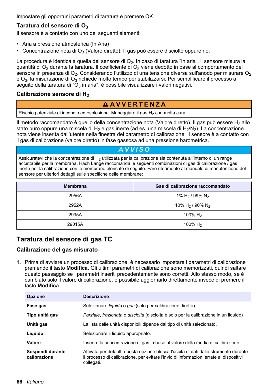 Taratura del sensore di o3, Calibrazione sensore di h2, Taratura del sensore di gas tc | Calibrazione del gas misurato | Hach-Lange ORBISPHERE 510_51x Basic User Manual User Manual | Page 66 / 204