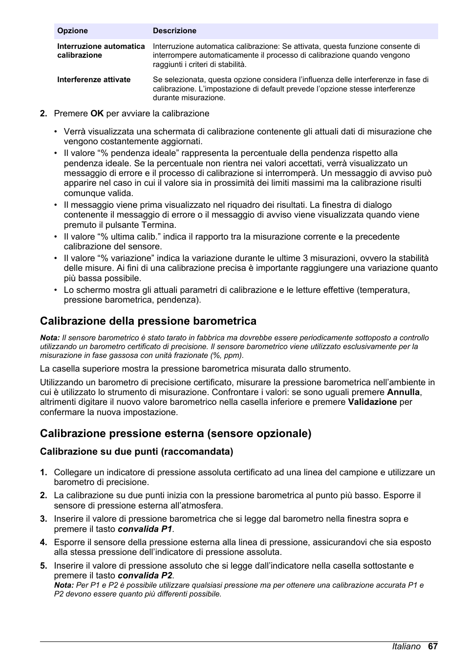 Calibrazione della pressione barometrica, Calibrazione pressione esterna (sensore opzionale), Calibrazione su due punti (raccomandata) | Hach-Lange ORBISPHERE 510_51x Basic User Manual User Manual | Page 67 / 204