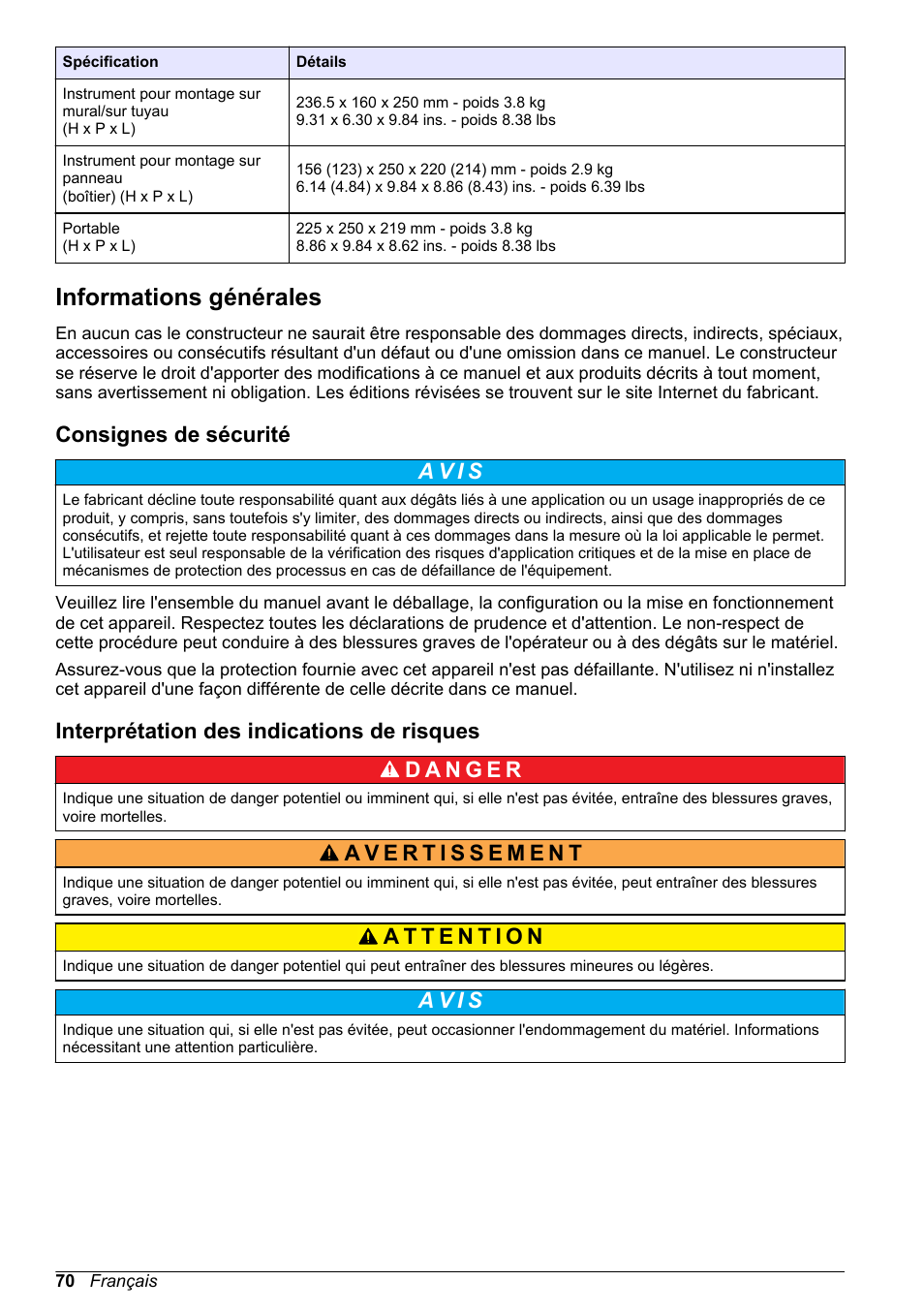 Informations générales, Consignes de sécurité, Interprétation des indications de risques | A v i s | Hach-Lange ORBISPHERE 510_51x Basic User Manual User Manual | Page 70 / 204