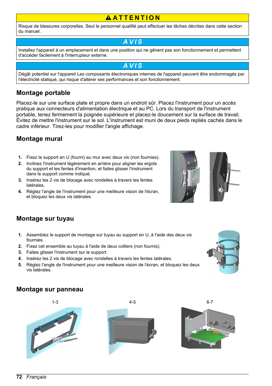 Montage portable, Montage mural, Montage sur tuyau | Montage sur panneau, A v i s | Hach-Lange ORBISPHERE 510_51x Basic User Manual User Manual | Page 72 / 204