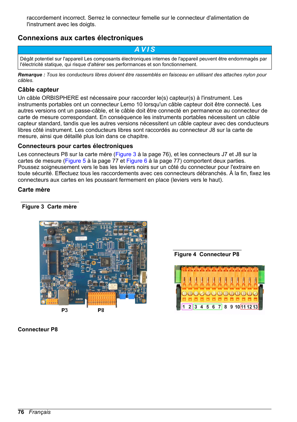 Connexions aux cartes électroniques, Câble capteur, Connecteurs pour cartes électroniques | Carte mère | Hach-Lange ORBISPHERE 510_51x Basic User Manual User Manual | Page 76 / 204