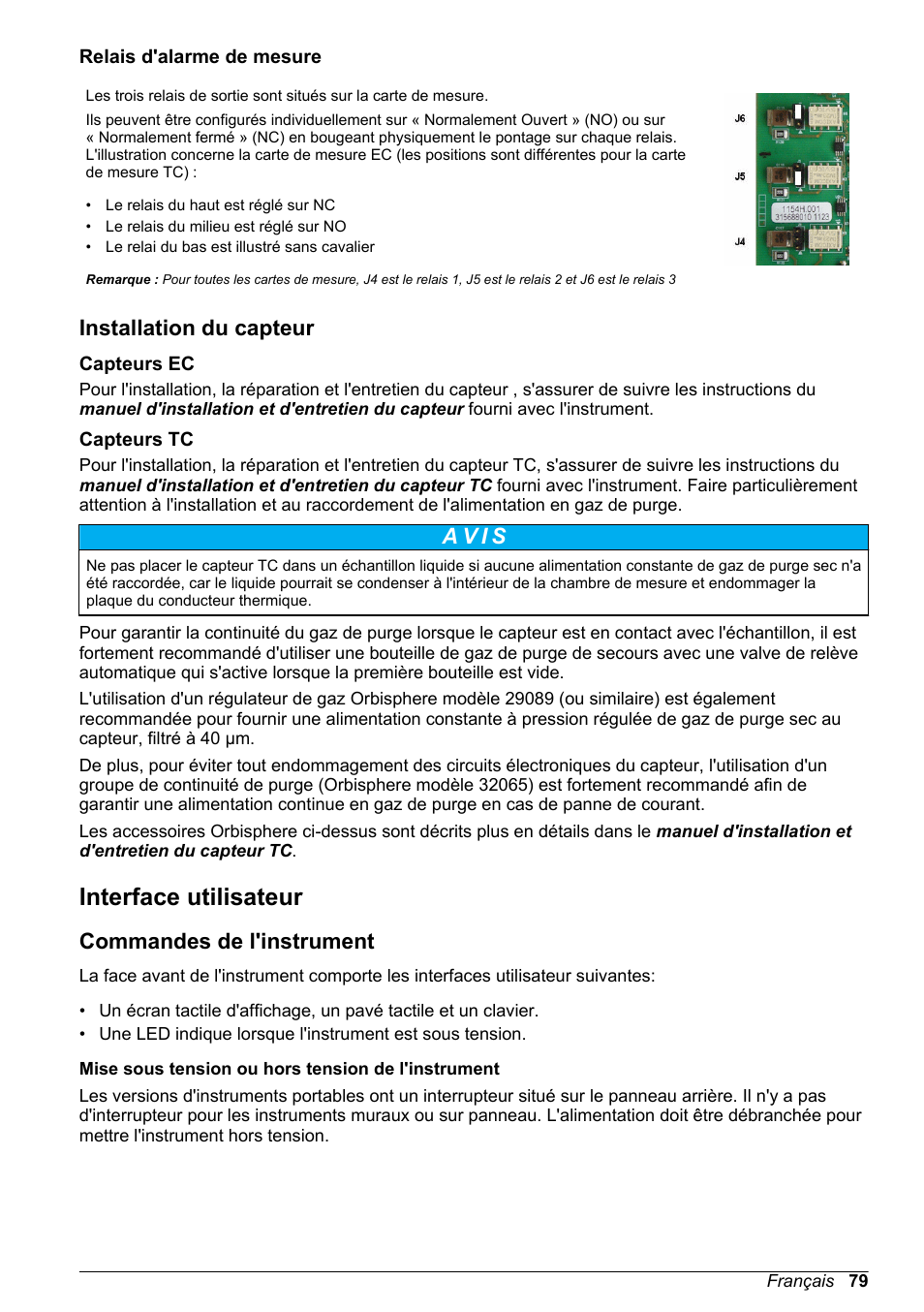 Relais d'alarme de mesure, Installation du capteur, Capteurs ec | Capteurs tc, Interface utilisateur, Commandes de l'instrument, A v i s | Hach-Lange ORBISPHERE 510_51x Basic User Manual User Manual | Page 79 / 204