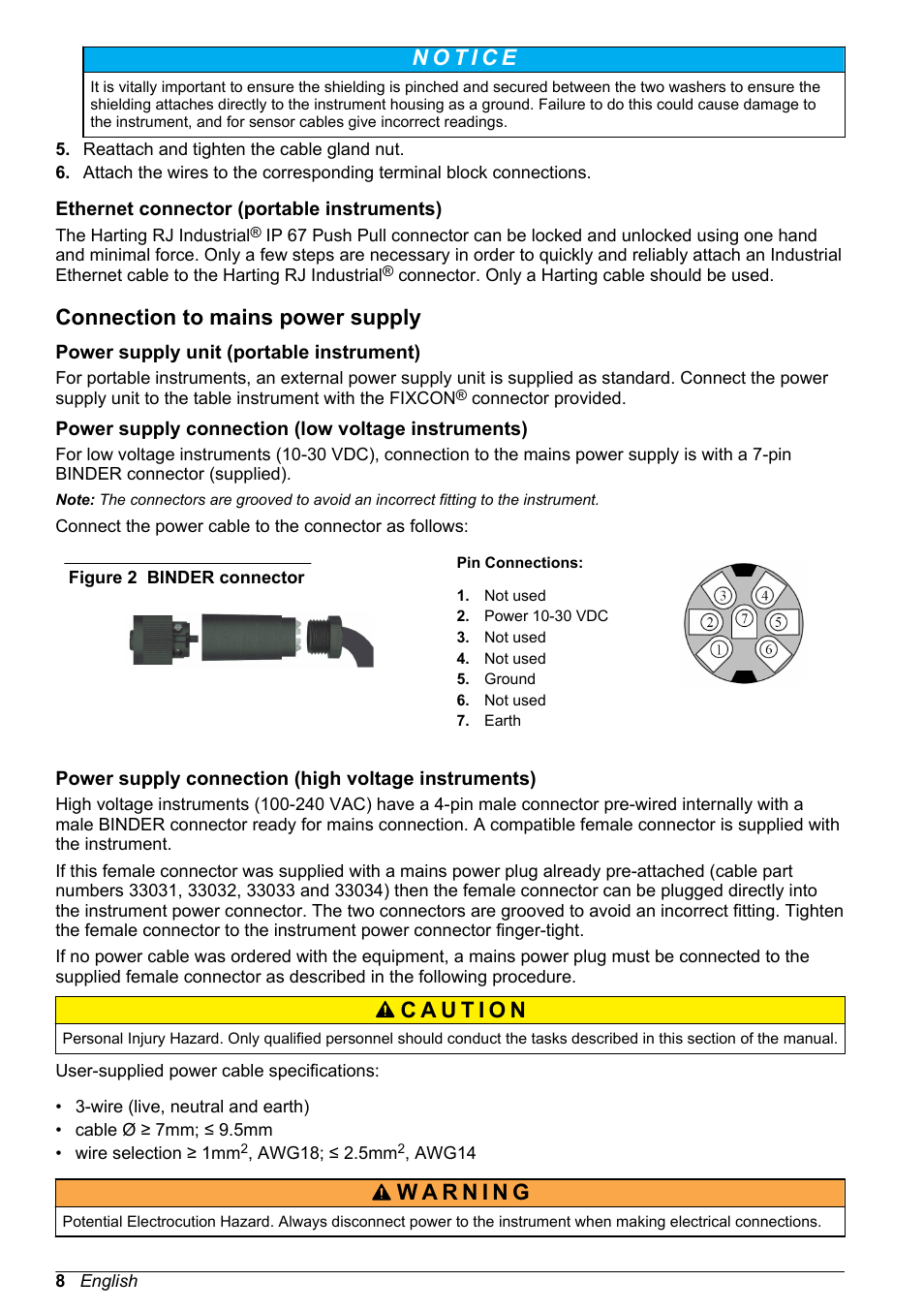 Ethernet connector (portable instruments), Connection to mains power supply, Power supply unit (portable instrument) | Power supply connection (low voltage instruments), Power supply connection (high voltage instruments) | Hach-Lange ORBISPHERE 510_51x Basic User Manual User Manual | Page 8 / 204