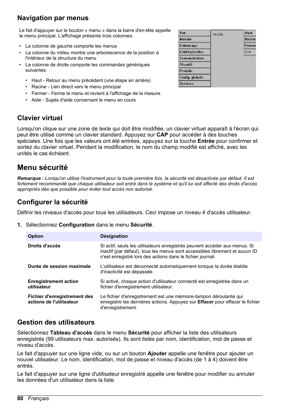 Navigation par menus, Clavier virtuel, Menu sécurité | Configurer la sécurité, Gestion des utilisateurs | Hach-Lange ORBISPHERE 510_51x Basic User Manual User Manual | Page 80 / 204