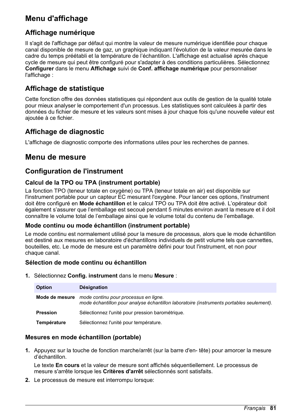 Menu d'affichage, Affichage numérique, Affichage de statistique | Affichage de diagnostic, Menu de mesure, Configuration de l'instrument, Calcul de la tpo ou tpa (instrument portable), Sélection de mode continu ou échantillon, Mesures en mode échantillon (portable) | Hach-Lange ORBISPHERE 510_51x Basic User Manual User Manual | Page 81 / 204