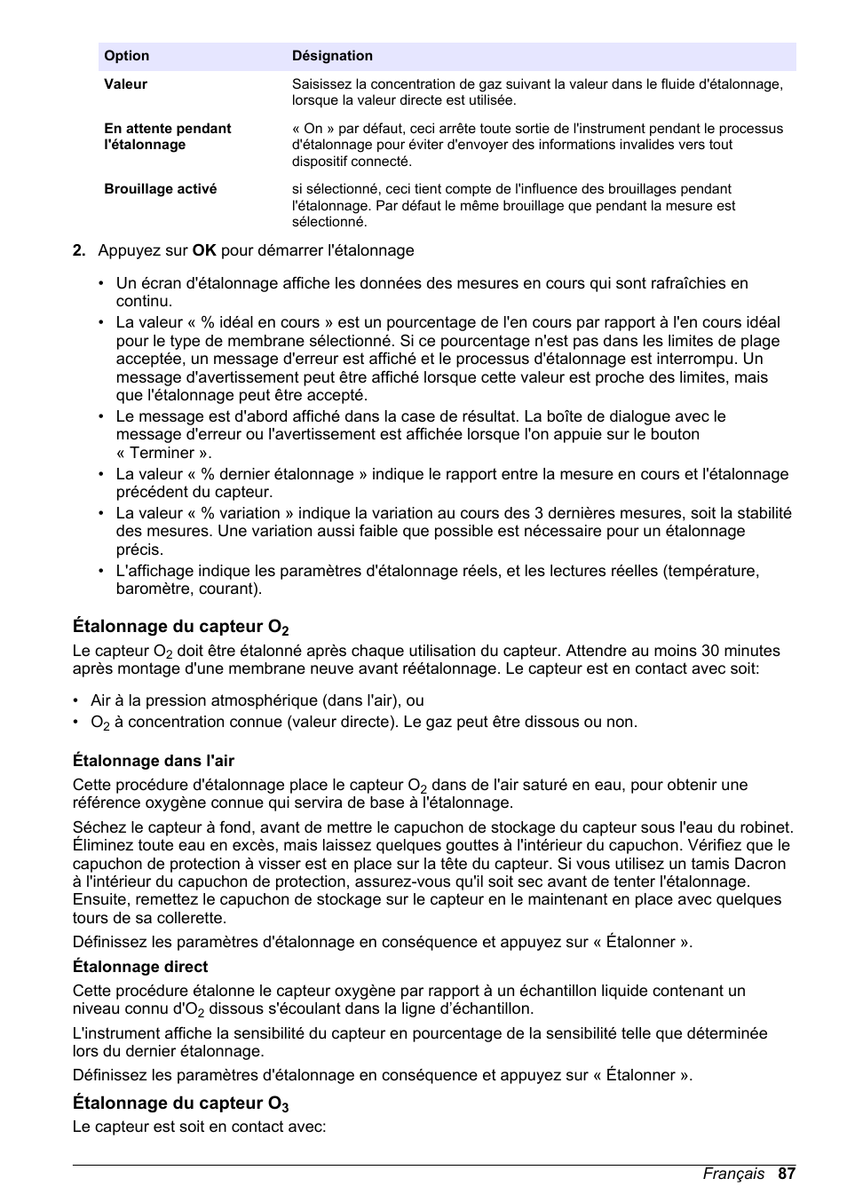 Étalonnage du capteur o2, Étalonnage du capteur o3 | Hach-Lange ORBISPHERE 510_51x Basic User Manual User Manual | Page 87 / 204