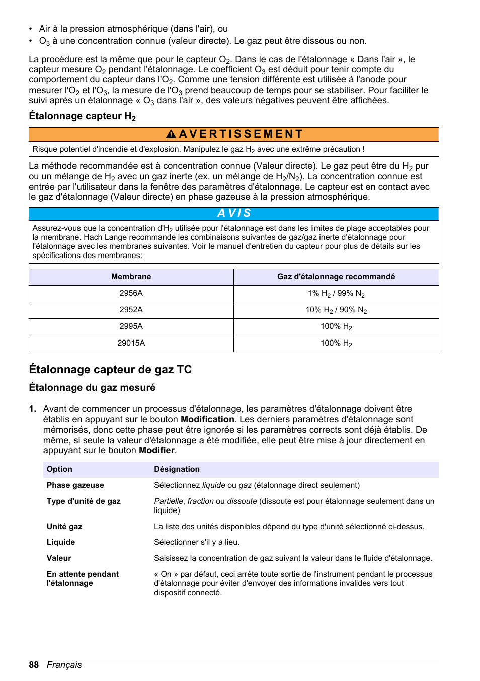 Étalonnage capteur h2, Étalonnage capteur de gaz tc, Étalonnage du gaz mesuré | A v i s | Hach-Lange ORBISPHERE 510_51x Basic User Manual User Manual | Page 88 / 204