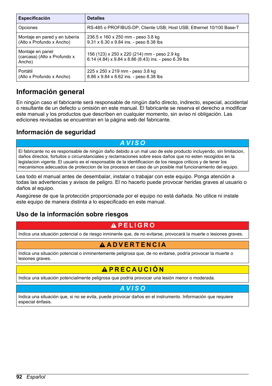 Información general, Información de seguridad, Uso de la información sobre riesgos | Hach-Lange ORBISPHERE 510_51x Basic User Manual User Manual | Page 92 / 204