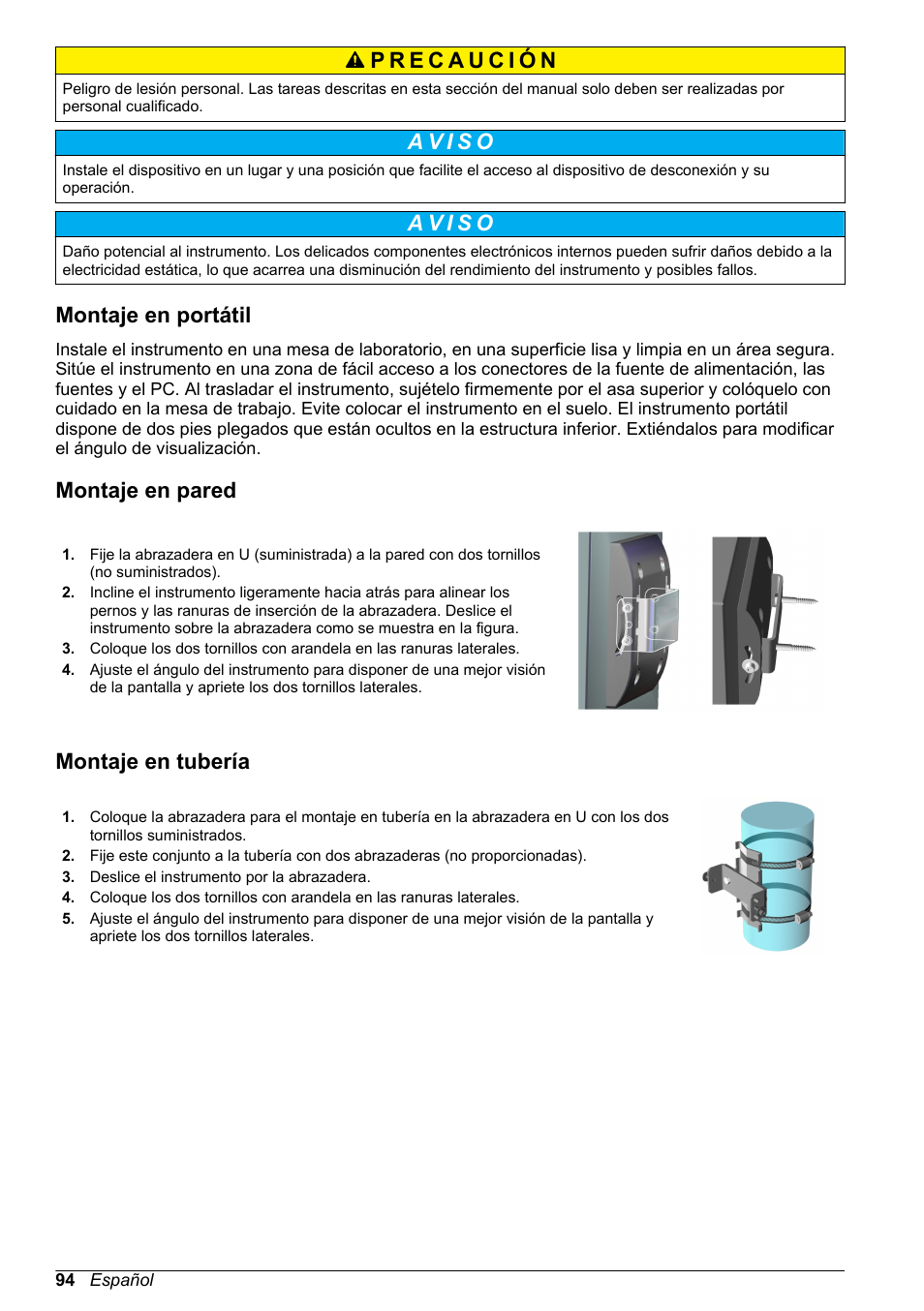 Montaje en portátil, Montaje en pared, Montaje en tubería | Hach-Lange ORBISPHERE 510_51x Basic User Manual User Manual | Page 94 / 204