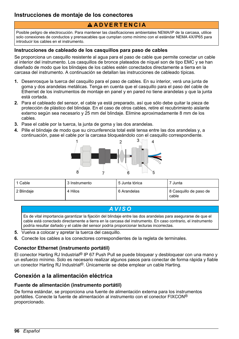 Instrucciones de montaje de los conectores, Conector ethernet (instrumento portátil), Conexión a la alimentación eléctrica | Fuente de alimentación (instrumento portátil) | Hach-Lange ORBISPHERE 510_51x Basic User Manual User Manual | Page 96 / 204