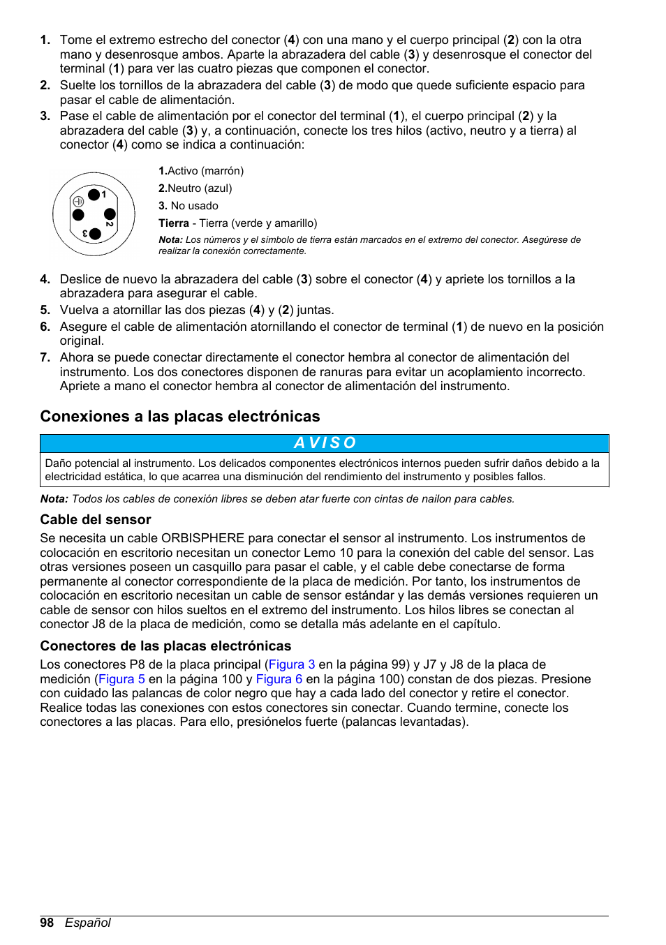 Conexiones a las placas electrónicas, Cable del sensor, Conectores de las placas electrónicas | Hach-Lange ORBISPHERE 510_51x Basic User Manual User Manual | Page 98 / 204