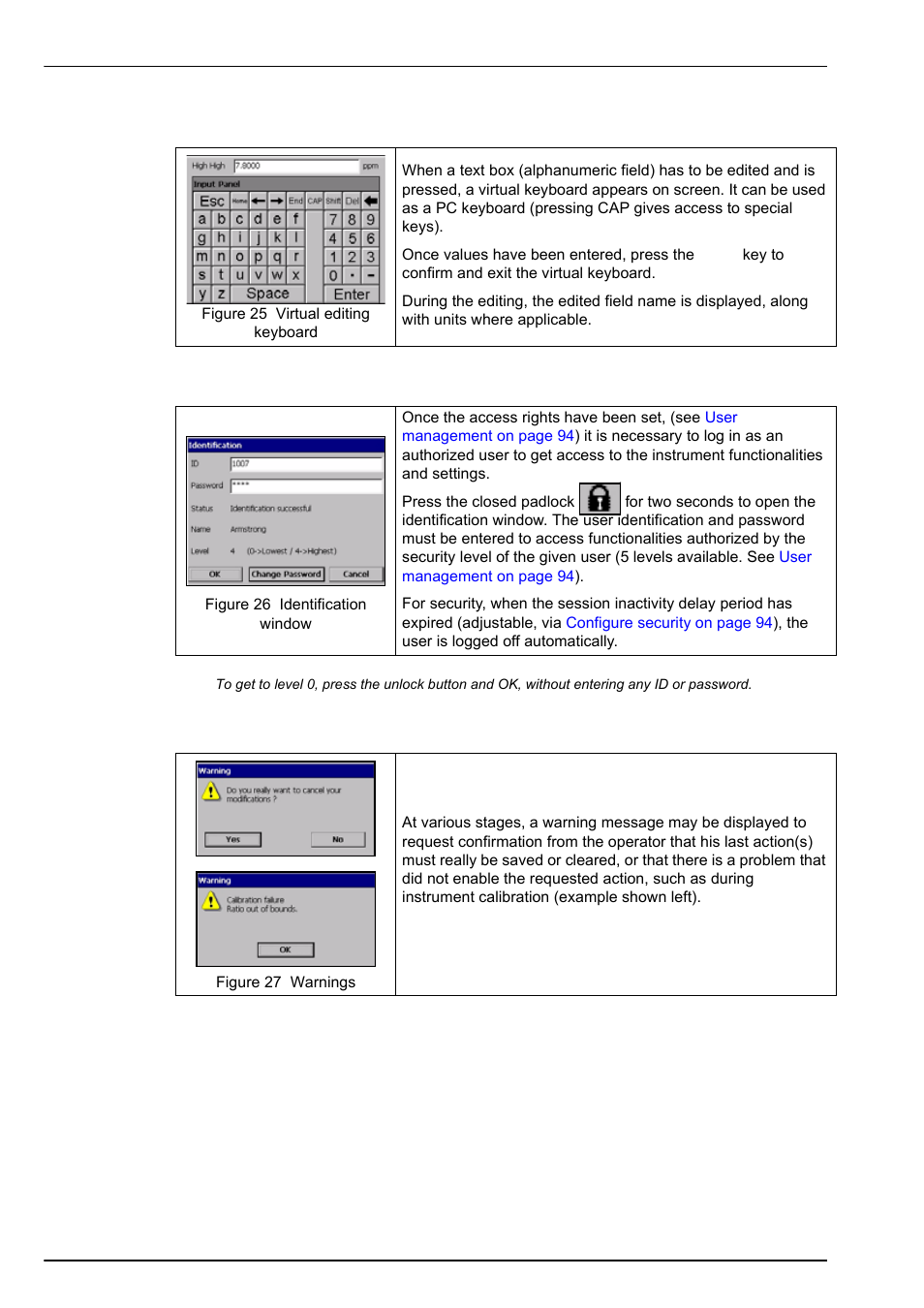 5 virtual keyboard, 6 identification and authorization level, 7 warning windows | Identification and | Hach-Lange ORBISPHERE Model 51x User Manual User Manual | Page 46 / 116