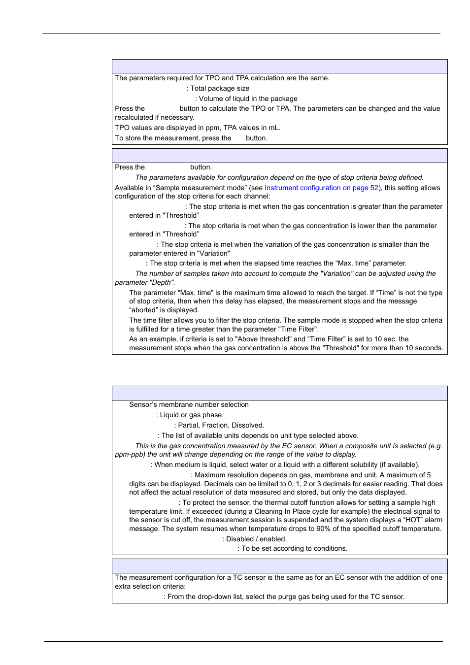 2 measurement configuration, Tpo and tpa, Parameters (portable instrument) | Ective parameters (see, Tpo and, Stop criteria configuration (portable, Measurement menu | Hach-Lange ORBISPHERE Model 51x User Manual User Manual | Page 55 / 116