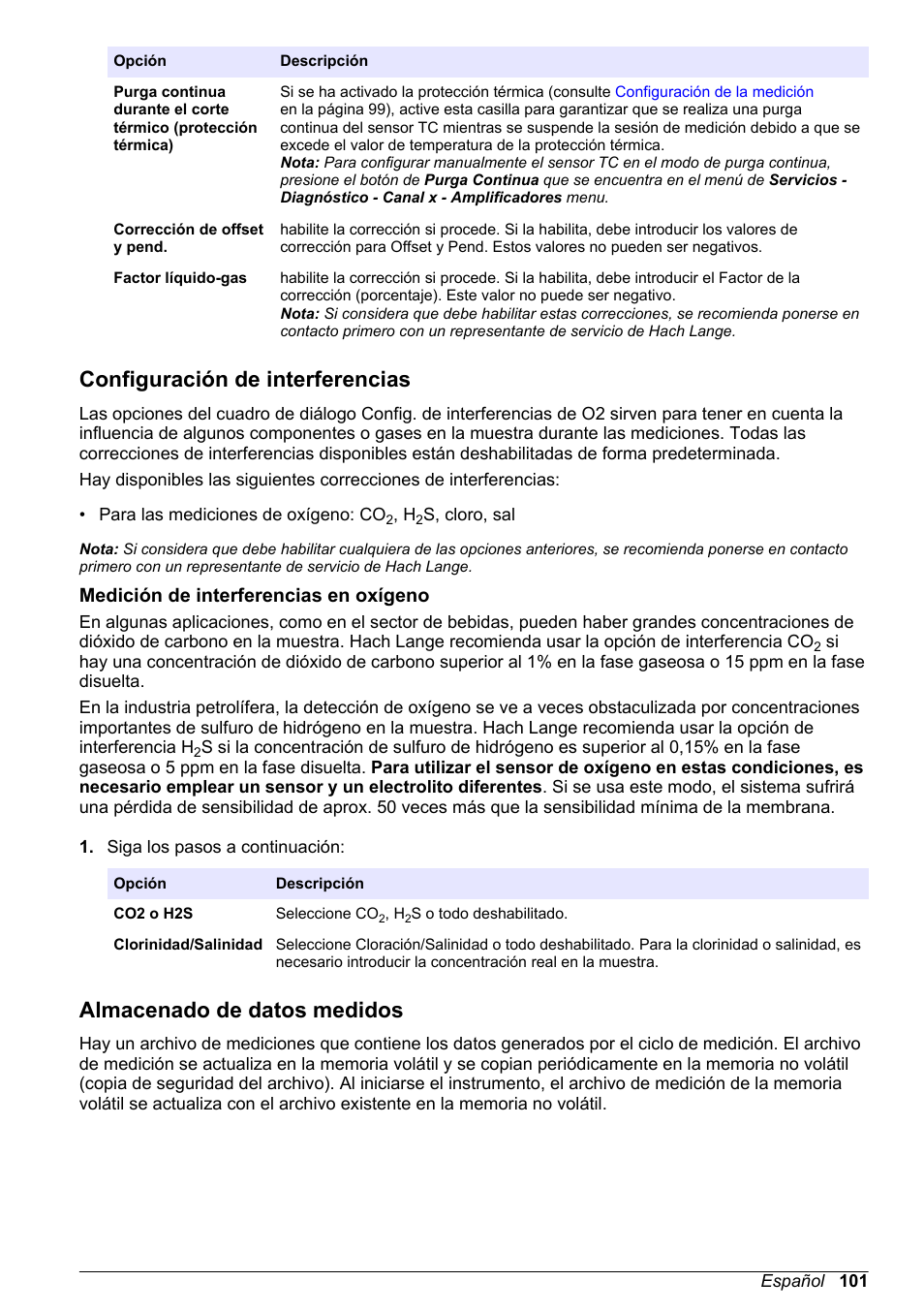 Configuración de interferencias, Medición de interferencias en oxígeno, Almacenado de datos medidos | Hach-Lange ORBISPHERE 410 Basic User Manual User Manual | Page 101 / 190