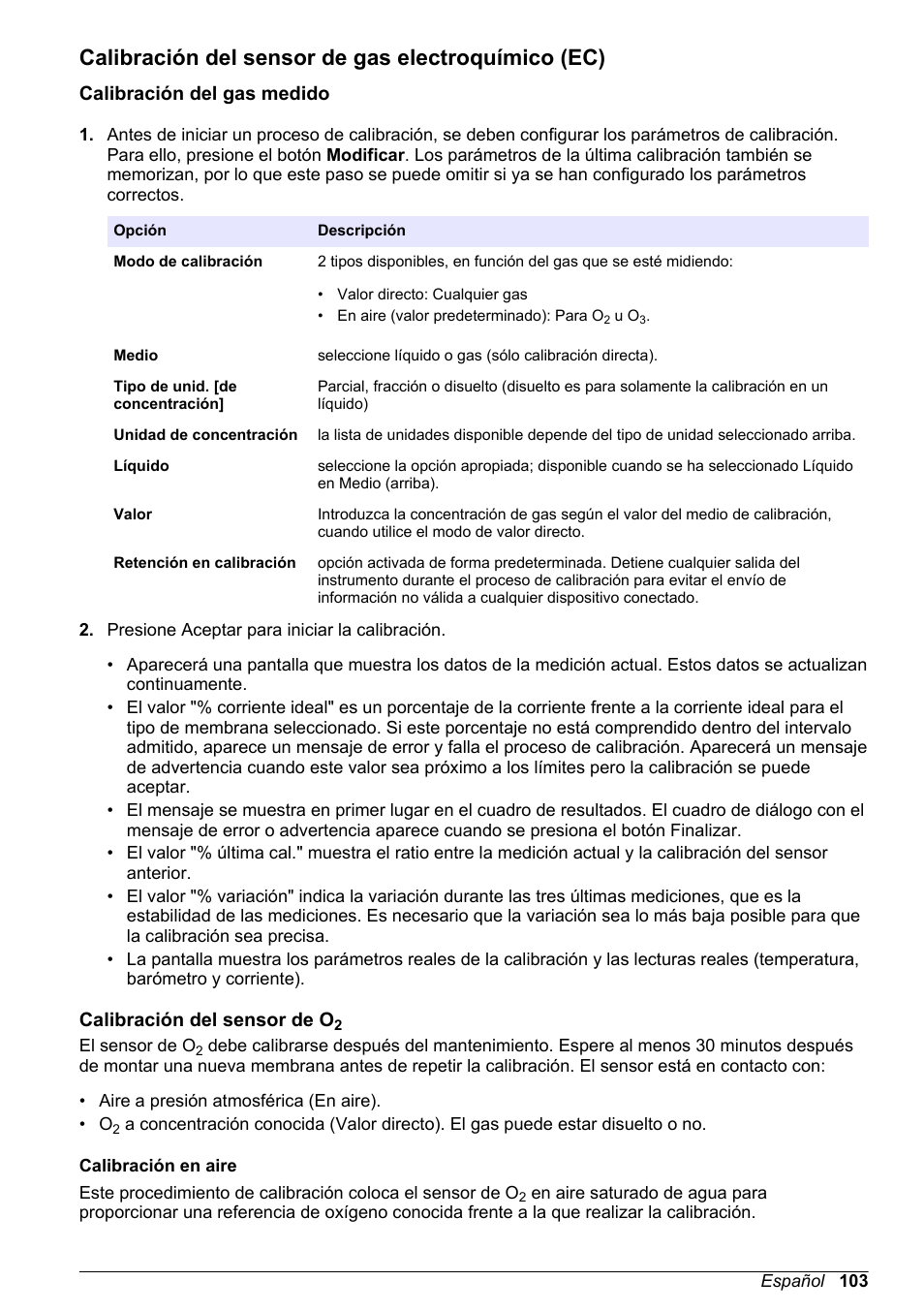 Calibración del sensor de gas electroquímico (ec), Calibración del gas medido, Calibración del sensor de o2 | Hach-Lange ORBISPHERE 410 Basic User Manual User Manual | Page 103 / 190