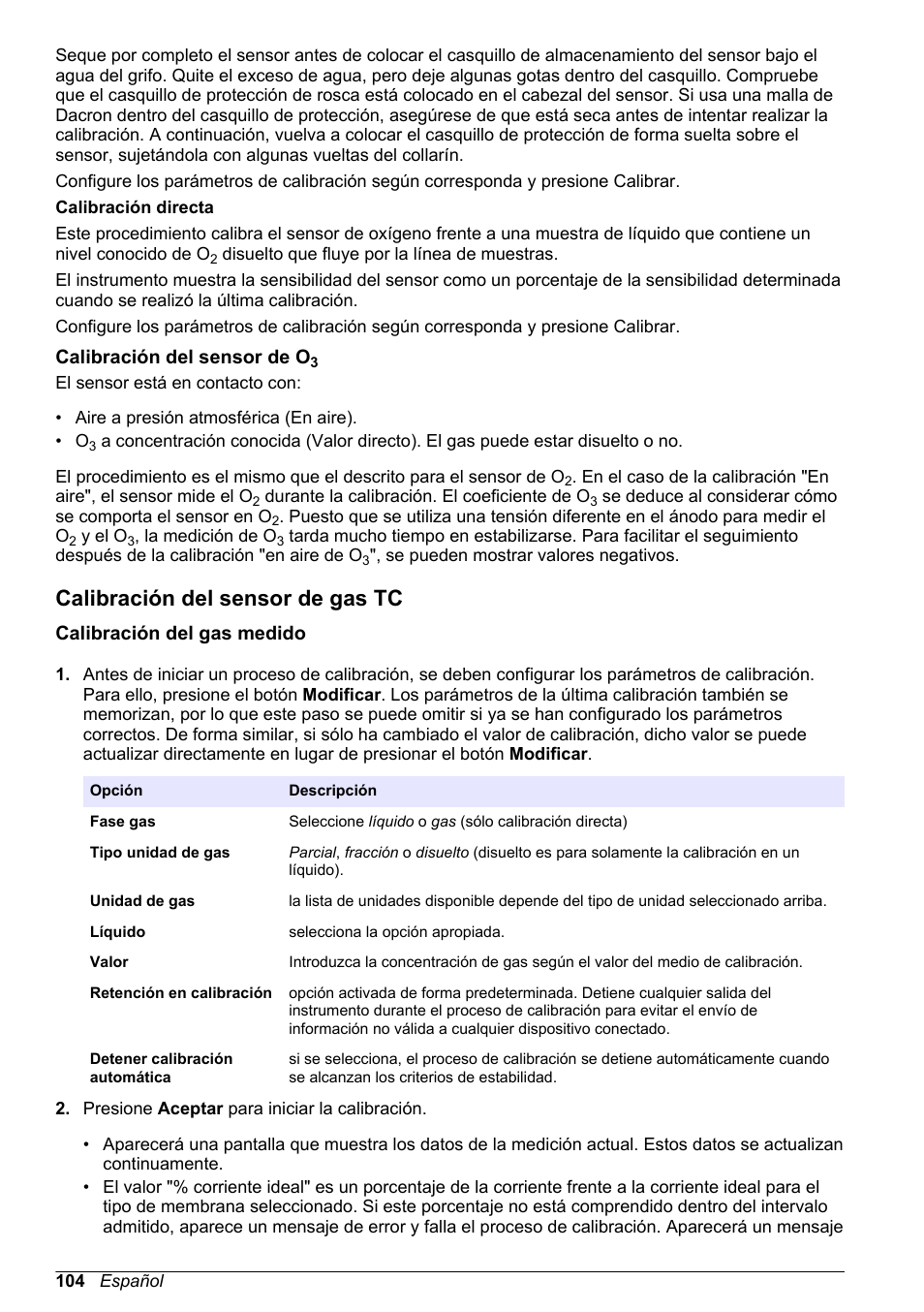 Calibración del sensor de o3, Calibración del sensor de gas tc, Calibración del gas medido | Hach-Lange ORBISPHERE 410 Basic User Manual User Manual | Page 104 / 190