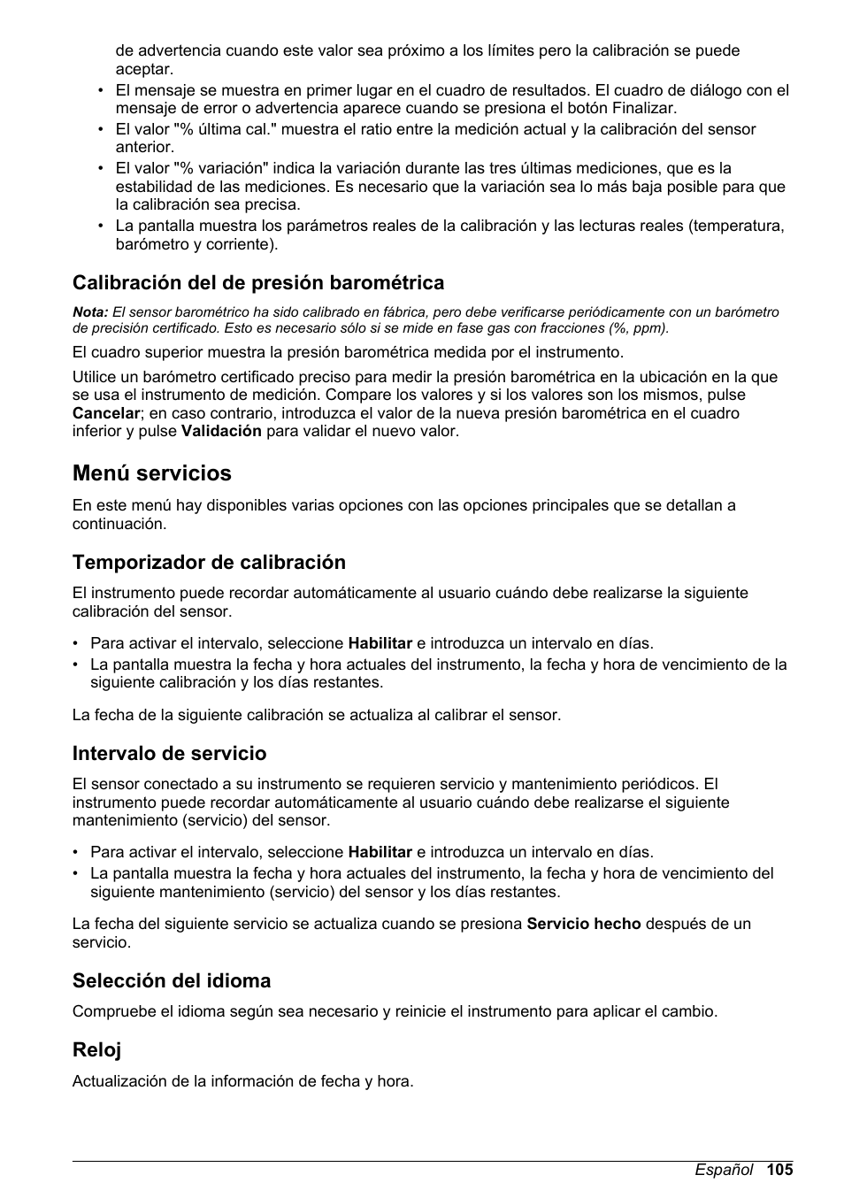 Calibración del de presión barométrica, Menú servicios, Temporizador de calibración | Intervalo de servicio, Selección del idioma, Reloj | Hach-Lange ORBISPHERE 410 Basic User Manual User Manual | Page 105 / 190
