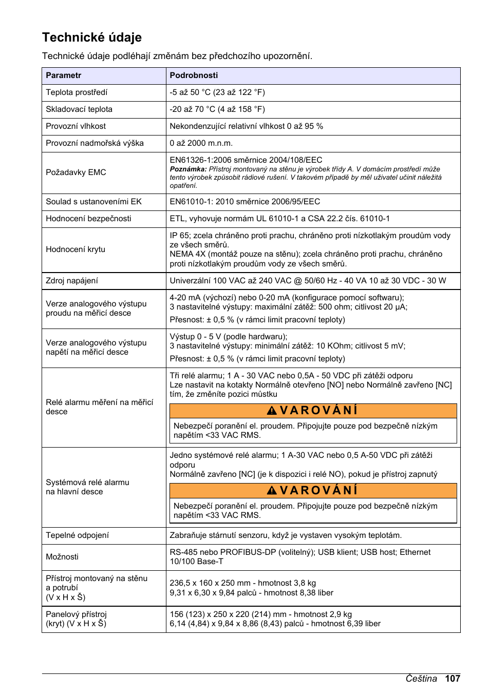 Základní uživatelská příručka, Technické údaje, Čeština | Hach-Lange ORBISPHERE 410 Basic User Manual User Manual | Page 107 / 190