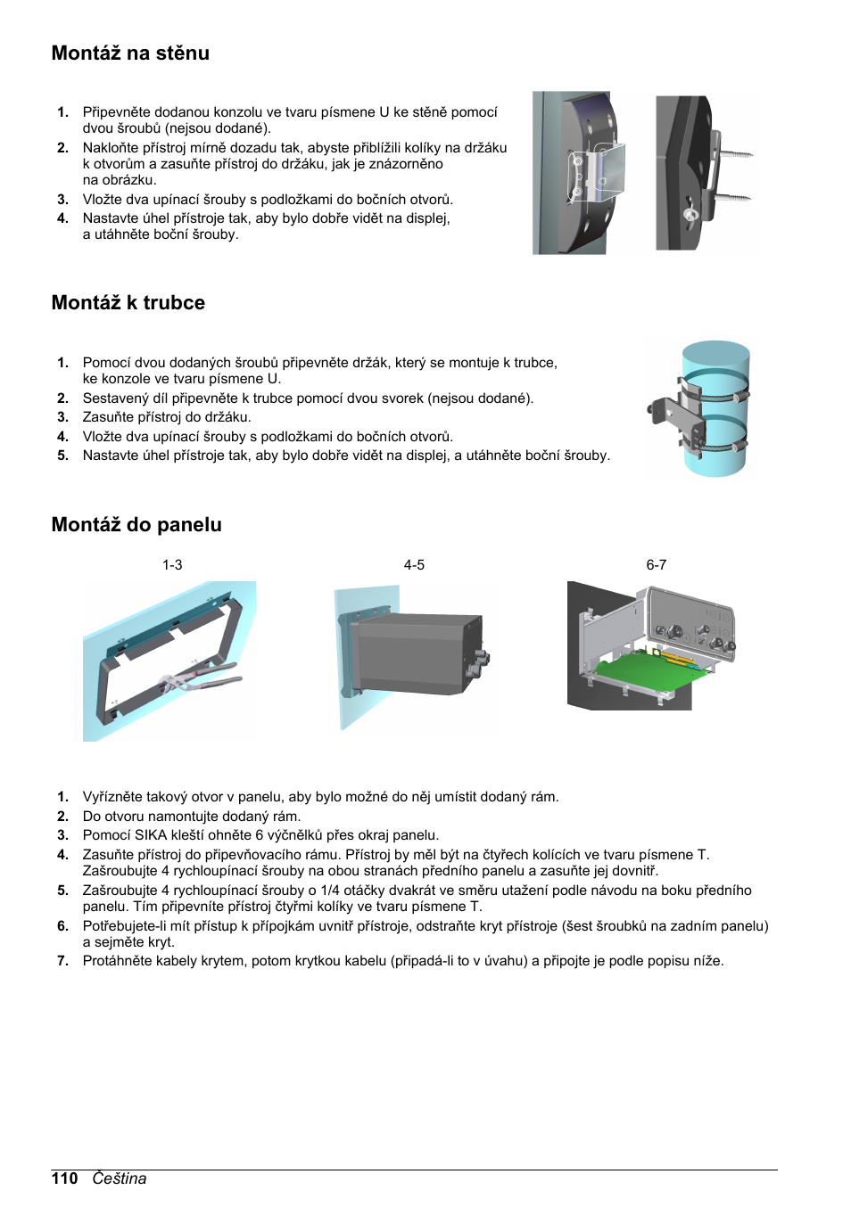 Montáž na stěnu, Montáž k trubce, Montáž do panelu | Hach-Lange ORBISPHERE 410 Basic User Manual User Manual | Page 110 / 190