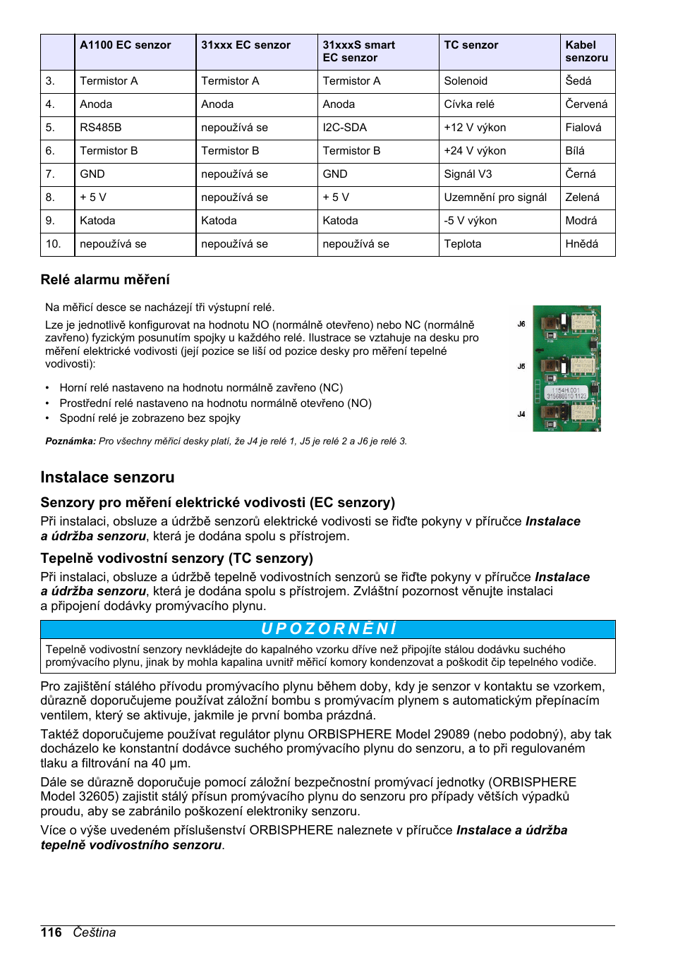 Relé alarmu měření, Instalace senzoru, Tepelně vodivostní senzory (tc senzory) | Hach-Lange ORBISPHERE 410 Basic User Manual User Manual | Page 116 / 190