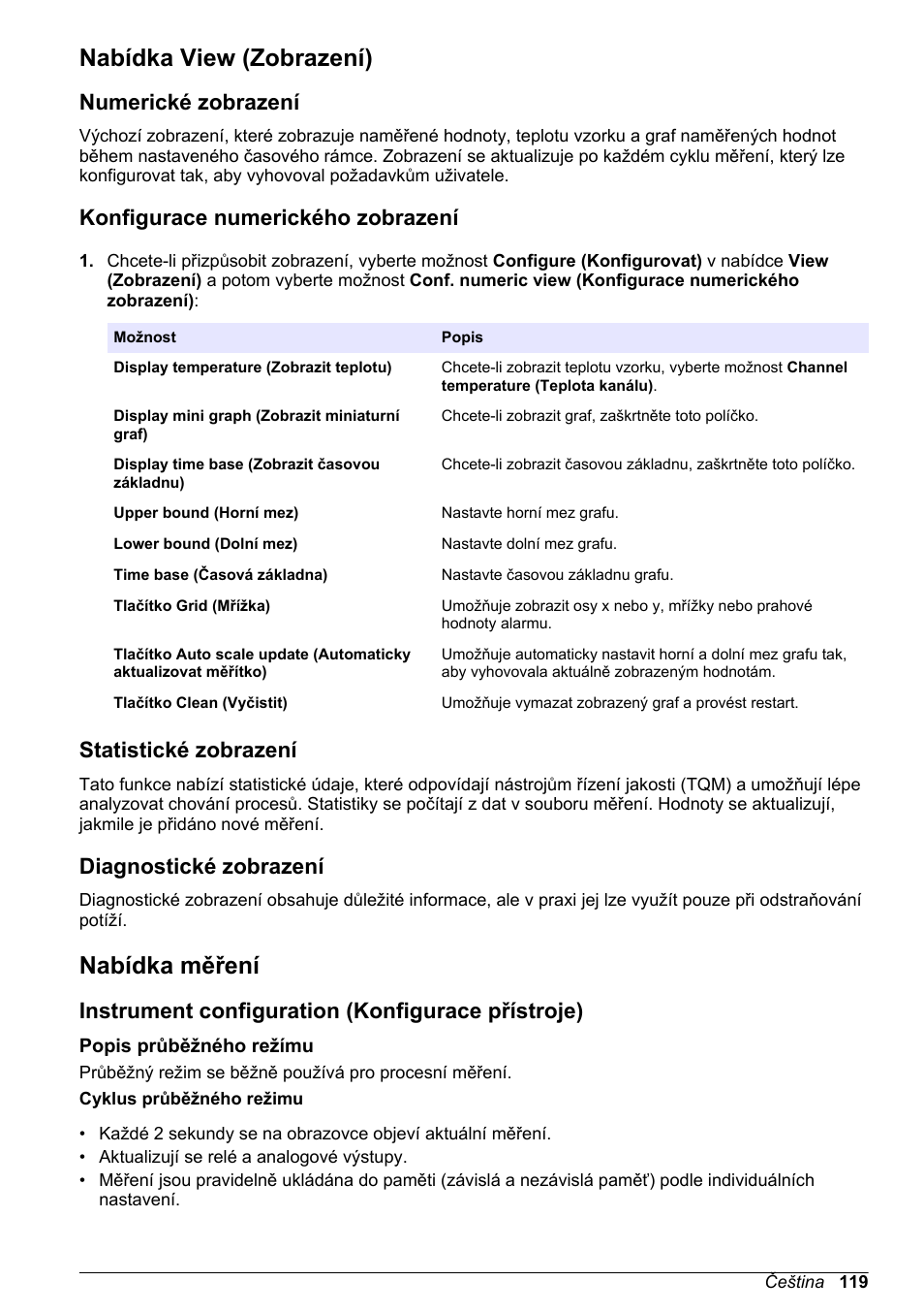 Nabídka view (zobrazení), Numerické zobrazení, Konfigurace numerického zobrazení | Statistické zobrazení, Diagnostické zobrazení, Nabídka měření, Instrument configuration (konfigurace přístroje), Popis průběžného režímu | Hach-Lange ORBISPHERE 410 Basic User Manual User Manual | Page 119 / 190