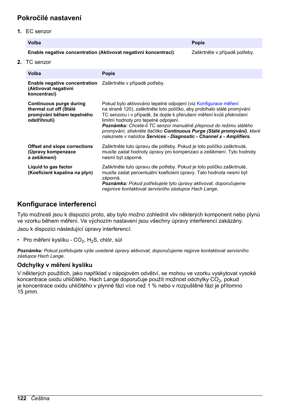 Pokročilé nastavení, Konfigurace interferencí, Odchylky v měření kyslíku | Hach-Lange ORBISPHERE 410 Basic User Manual User Manual | Page 122 / 190