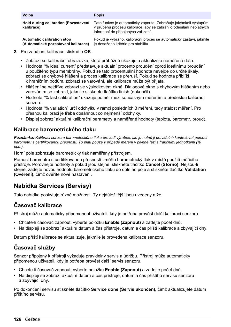 Kalibrace barometrického tlaku, Nabídka services (servisy), Časovač kalibrace | Časovač služby | Hach-Lange ORBISPHERE 410 Basic User Manual User Manual | Page 126 / 190