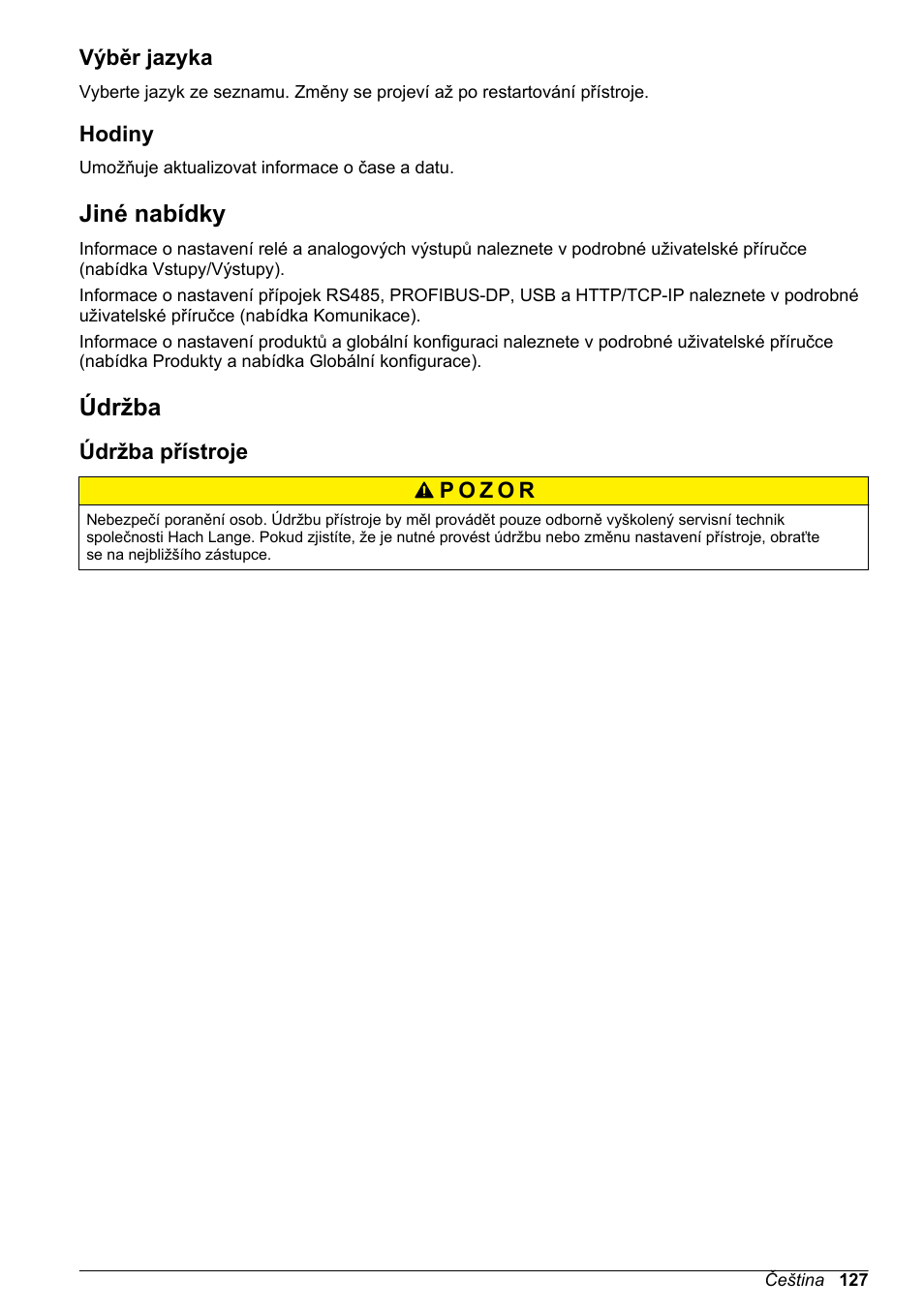 Výběr jazyka, Hodiny, Jiné nabídky | Údržba, Údržba přístroje | Hach-Lange ORBISPHERE 410 Basic User Manual User Manual | Page 127 / 190