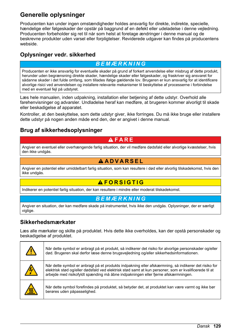Generelle oplysninger, Oplysninger vedr. sikkerhed, Brug af sikkerhedsoplysninger | Sikkerhedsmærkater | Hach-Lange ORBISPHERE 410 Basic User Manual User Manual | Page 129 / 190
