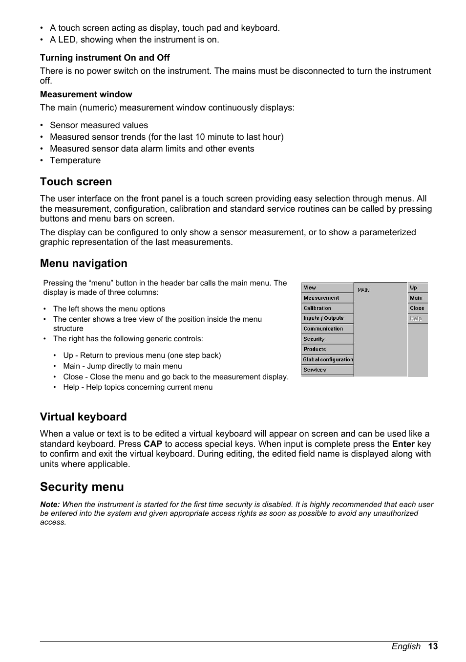 Touch screen, Menu navigation, Virtual keyboard | Security menu | Hach-Lange ORBISPHERE 410 Basic User Manual User Manual | Page 13 / 190