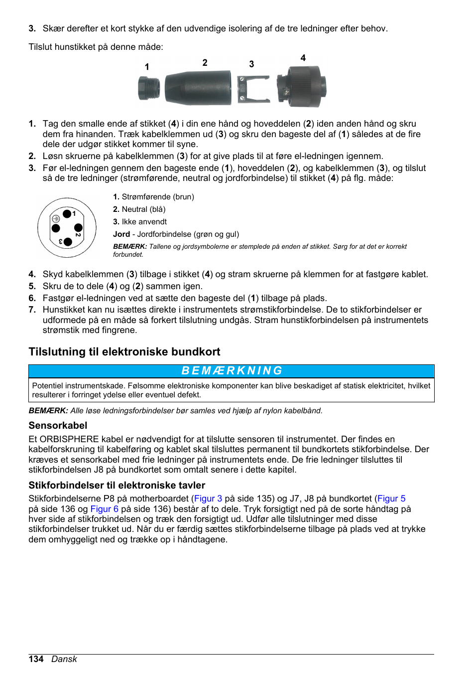 Tilslutning til elektroniske bundkort, Sensorkabel, Stikforbindelser til elektroniske tavler | Hach-Lange ORBISPHERE 410 Basic User Manual User Manual | Page 134 / 190