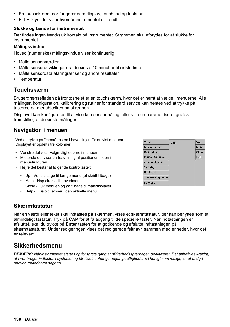 Touchskærm, Navigation i menuen, Skærmtastatur | Sikkerhedsmenu | Hach-Lange ORBISPHERE 410 Basic User Manual User Manual | Page 138 / 190