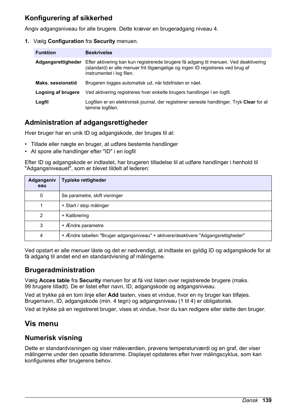 Konfigurering af sikkerhed, Administration af adgangsrettigheder, Brugeradministration | Vis menu, Numerisk visning | Hach-Lange ORBISPHERE 410 Basic User Manual User Manual | Page 139 / 190