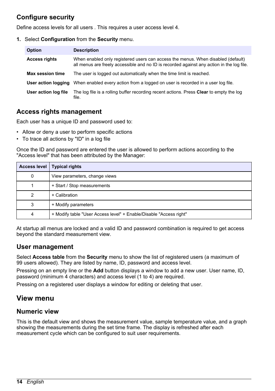 Configure security, Access rights management, User management | View menu, Numeric view | Hach-Lange ORBISPHERE 410 Basic User Manual User Manual | Page 14 / 190